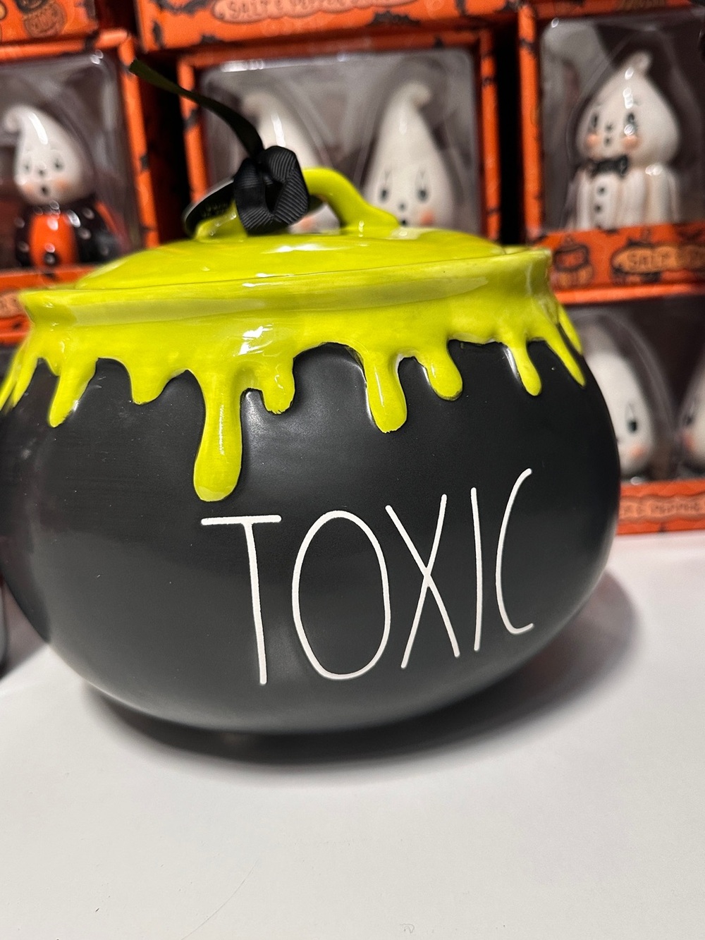 Rae Dunn Black Ceramic 'TOXIC' Cauldron cookie jar with Neon Green Drip Lid